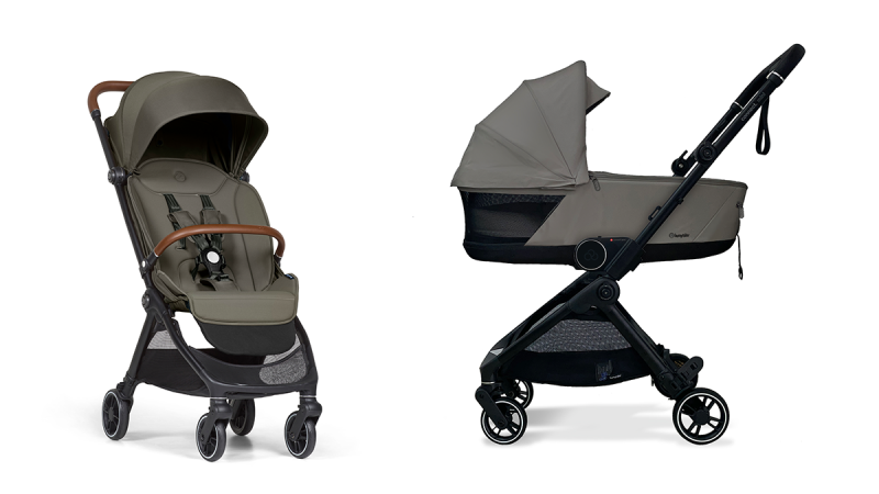 Bumprider stroller with two configurations: upright seat with canopy and bassinet with canopy, both in gray fabric and black frame