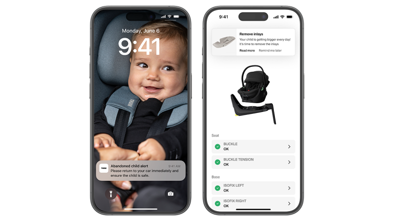 Two smartphones displaying a child safety app; left phone shows an alert to check on a child in a car seat, right phone shows a car seat status with all checks marked OK