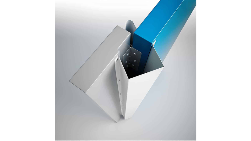 Close-up of a metallic joint with two blue beams connected inside a silver angle bracket