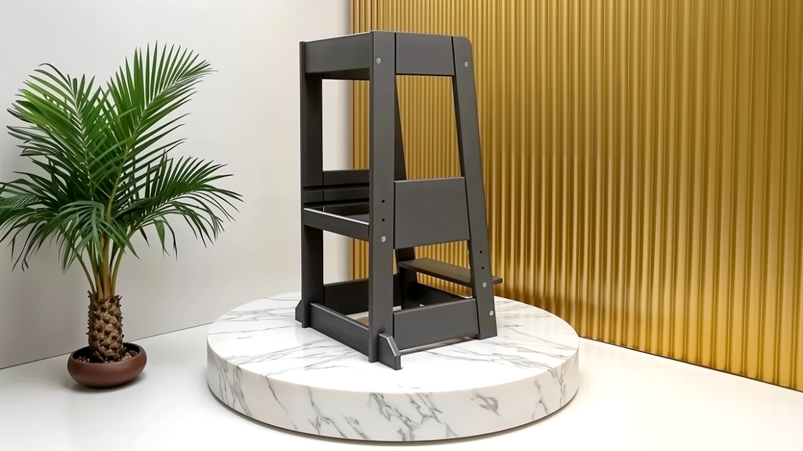 The AI-generated image shows a baby product, a high chair on a white marble pedestal, with a palm tree next to it and a gold wall in the background.