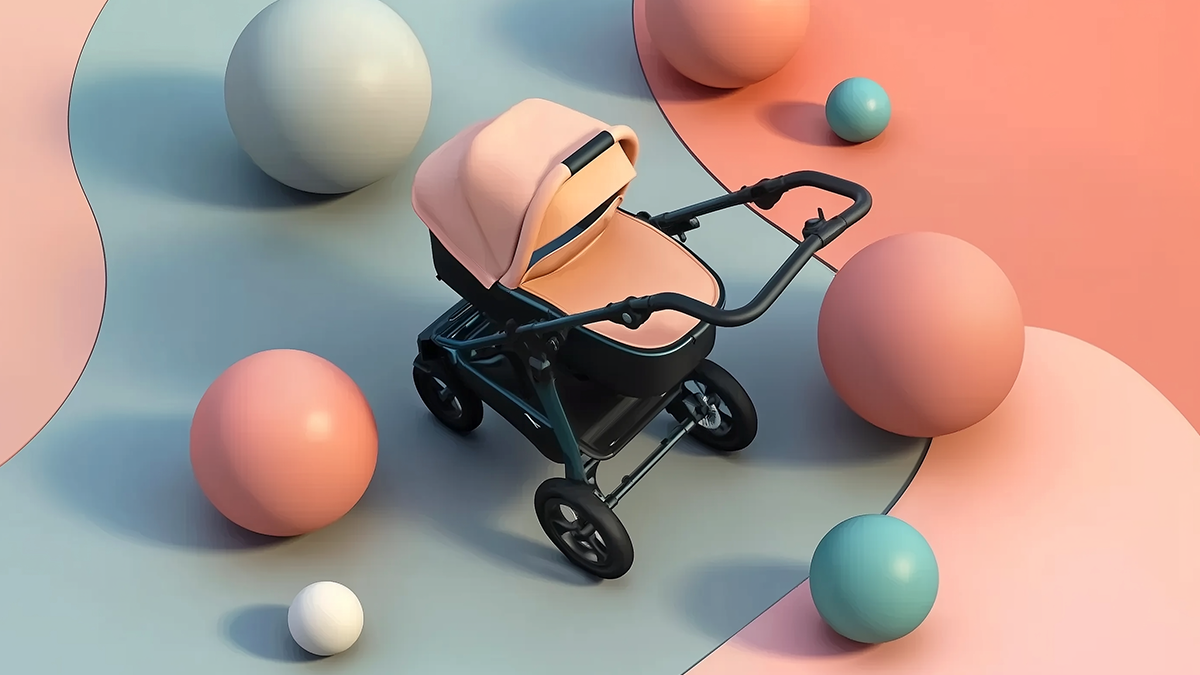 A pink baby carriage in a futuristic setting with shapes surrounded by balls of different sizes in blue and pink.