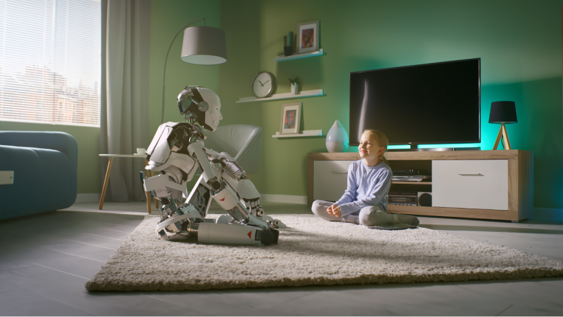 Child with robot sitting on the floor.