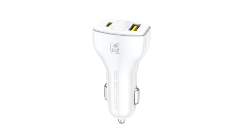 Cleverelly white car charger with two USB ports and metal connectors