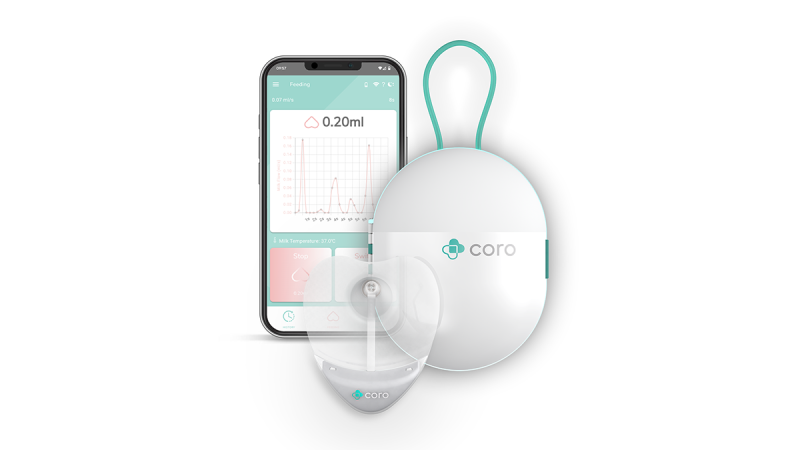 Coro medical device with transparent sensor and smartphone displaying fluid measurement graph and 0.20 ml reading
