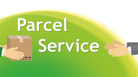 Graphic with the lettering ‘Parcel Service’, to the left of the lettering two hands are holding a parcel, to the right are two hands indicating that they want to receive this parcel.