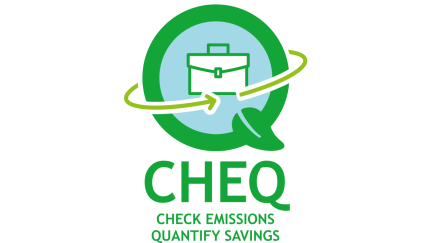 Green logo featuring a stylized briefcase encircled by an arrow with the text 'CHEQ' below and 'CHECK EMISSIONS QUANTIFY SAVINGS' in uppercase letters.