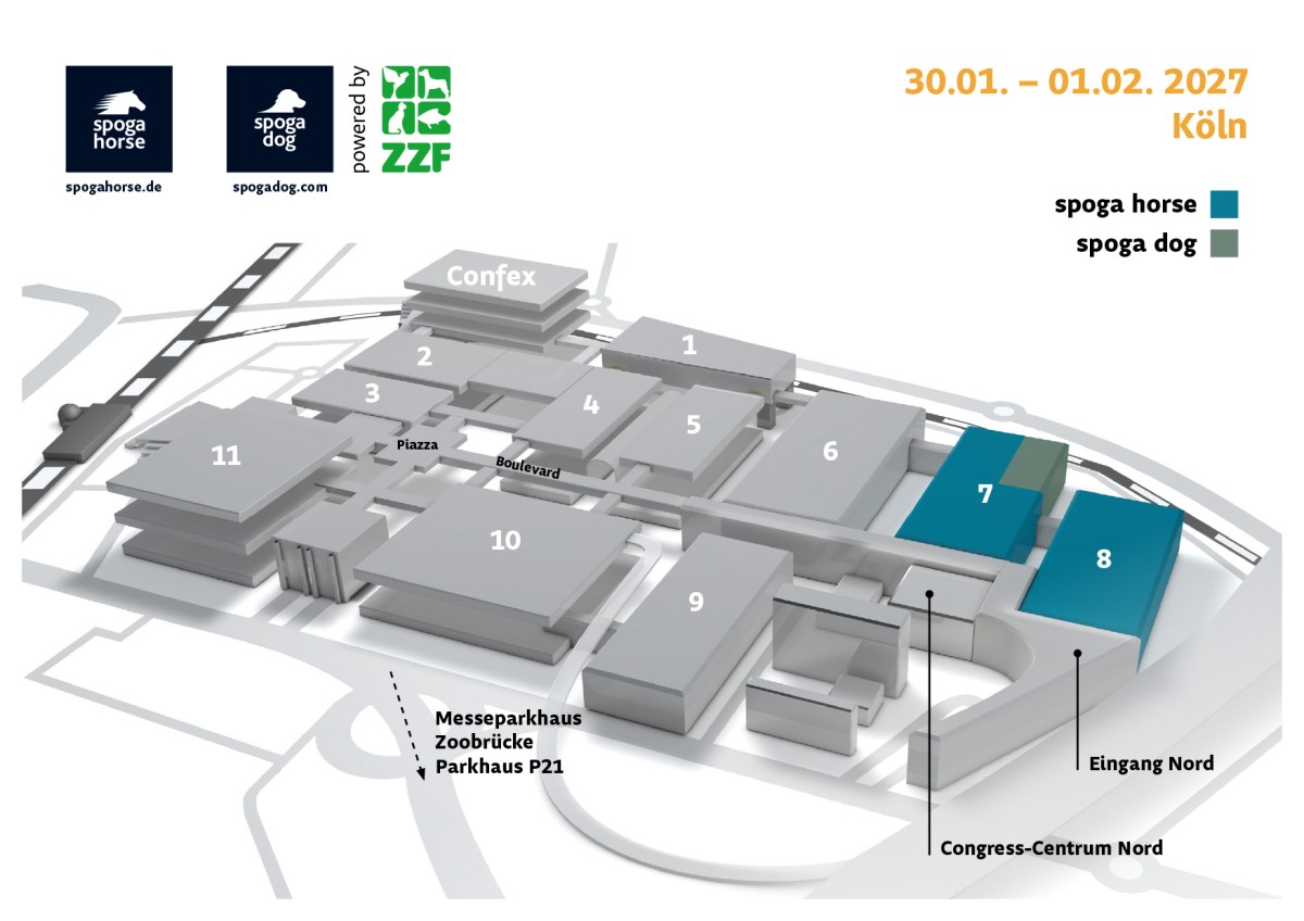 Geländeplan der spoga dog und spoga horse. Die spoga dog befindet sich in Halle 6, die spoga horse in Halle 7 und 8 des Messegeländes der Koelnmesse.