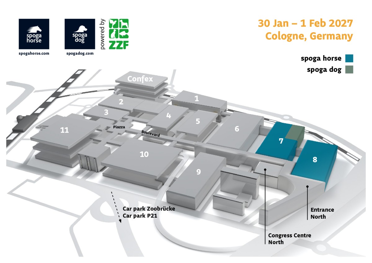 Map of the spoga dog and spoga horse exhibition grounds. spoga dog is located in Hall 6, and spoga horse in Halls 7 and 8 of the Koelnmesse exhibition grounds.