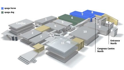 Geländeplan der spoga dog und spoga horse. Die spoga dog befindet sich in Halle 6, die spoga horse in Halle 7 und 8 des Messegeländes der Koelnmesse.