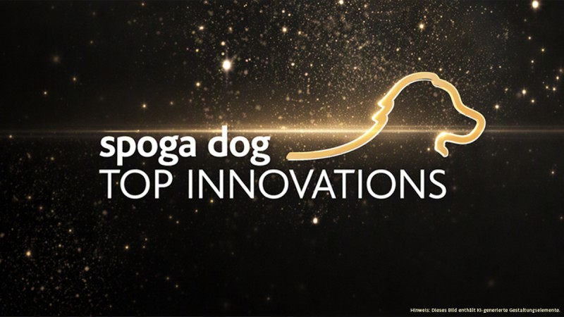 Glowing gold line drawing of a dog's head next to the text 'spoga dog TOP INNOVATIONS' on a dark background with golden light spots.
