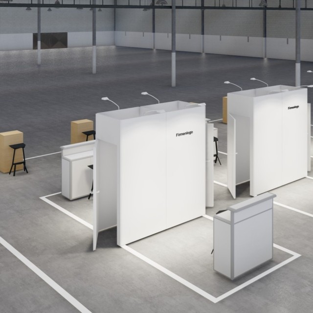 Two white trade show booths with the text 'Finestage' in a large hall with gray floor and white markings