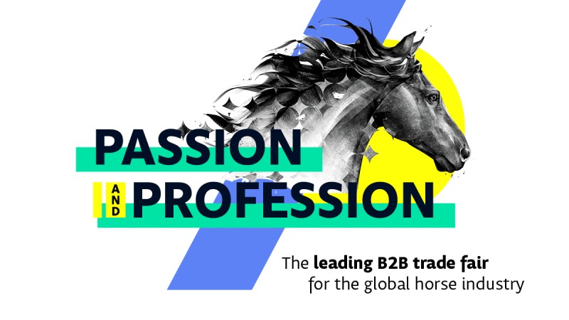 Black silhouette of a galloping horse in front of a yellow circle and blue diagonal stripe with the text 'PASSION AND PROFESSION' and 'The leading B2B trade fair for the global horse industry'
