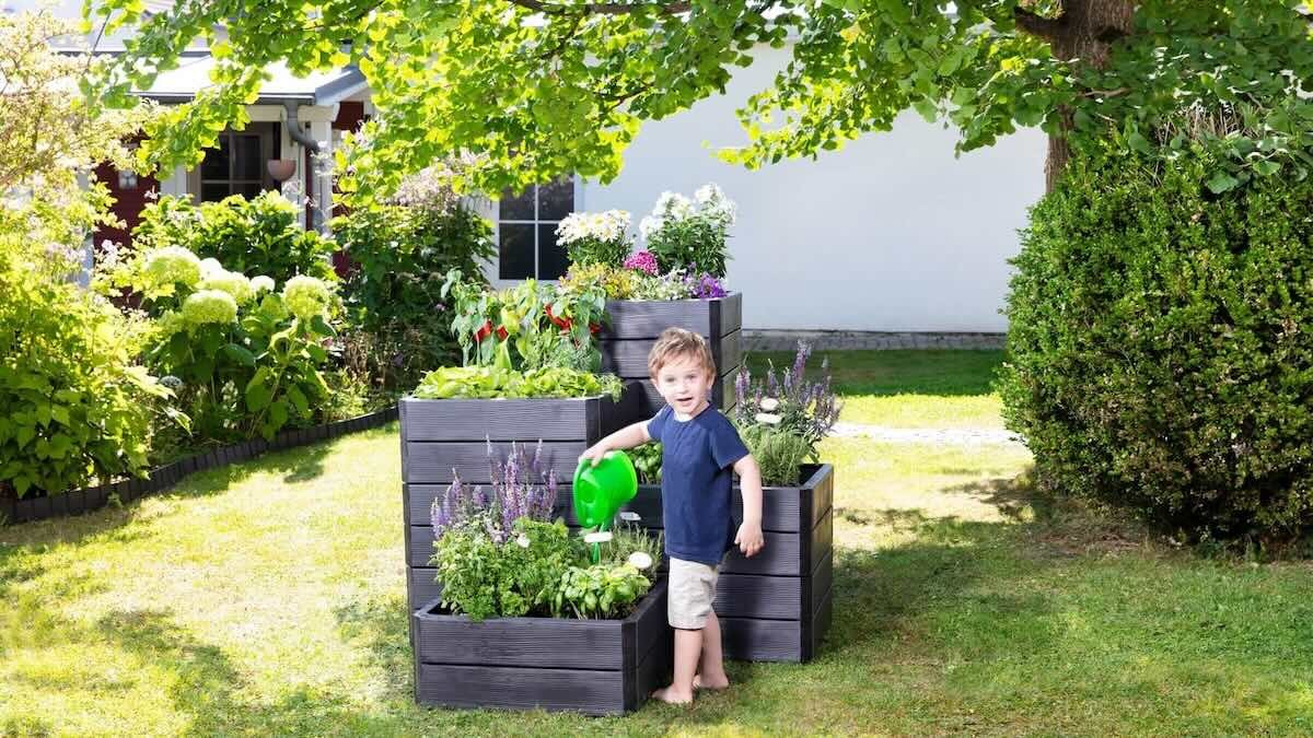 Child in front of raised bed with herbs